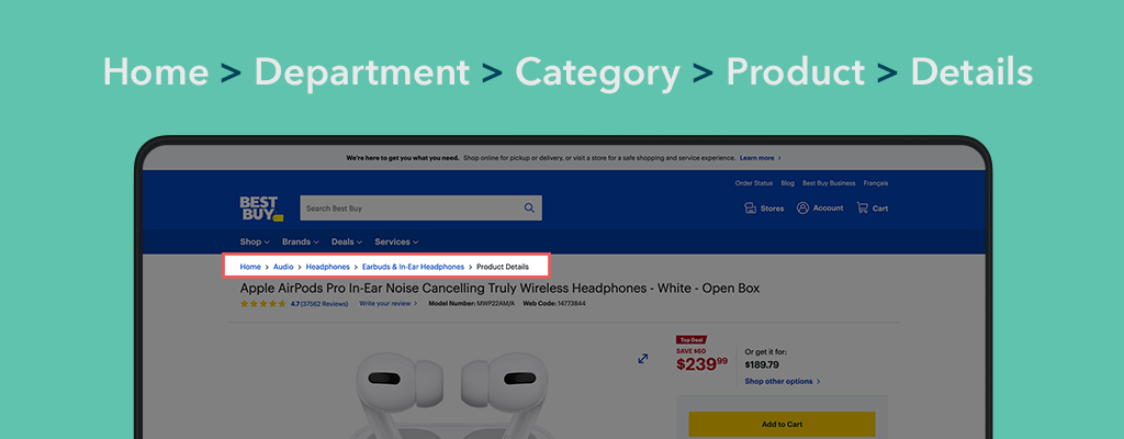 Example of breadcrumb trail on consumer technology website