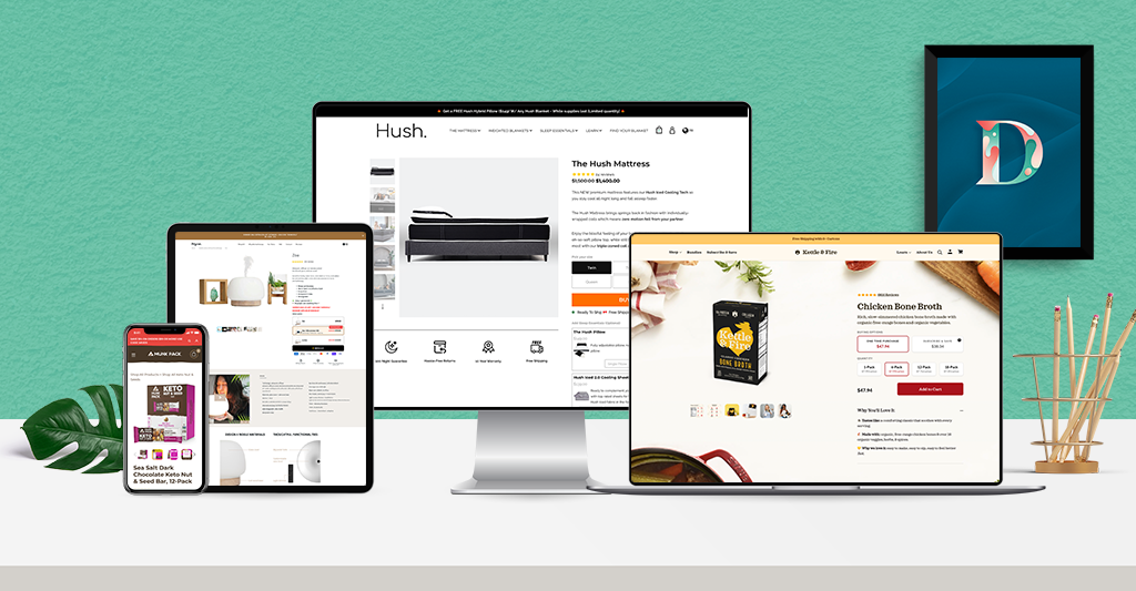 Ecommerce product page examples on phone, tablet, laptop and desktop screens